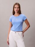 Blue Slim Ribbed Cotton Badge T-shirt  Women
