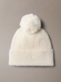 White Monogram Embroidery Fluffy Pom Pom Beanie  Women