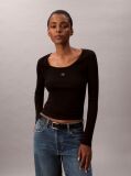 Black Ribbed Cotton Long Sleeve Top  Women