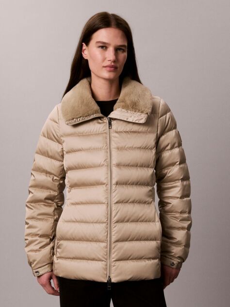 Beige Satin Lightweight Collared Puffer Jacket  Women