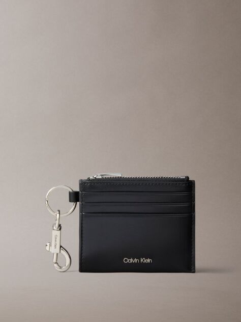 Black Leather Metal Logo Cardholder With Clip  Men