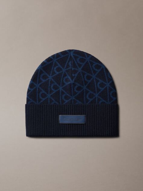 Blue Jacquard Emblem Wool Blend Beanie  Men