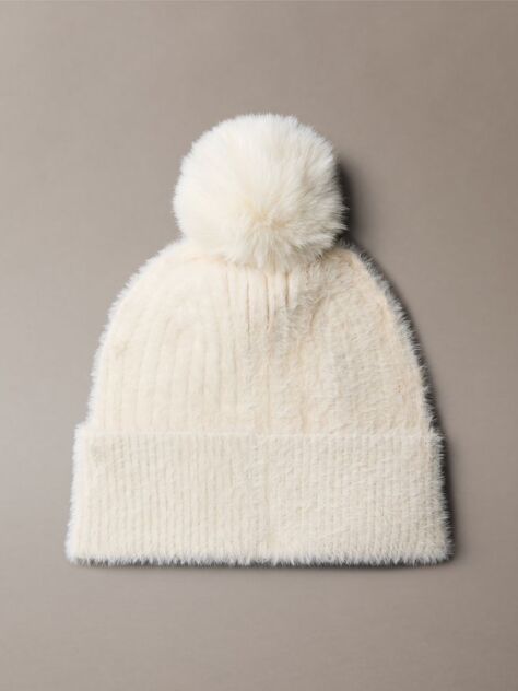 White Monogram Embroidery Fluffy Pom Pom Beanie  Women