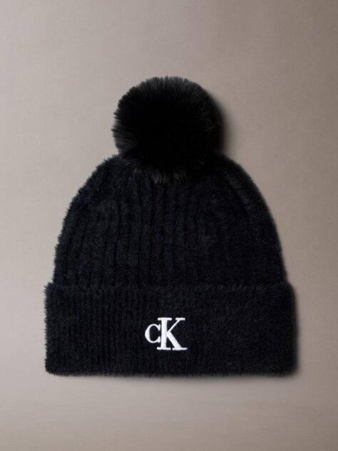 Black Monogram Embroidery Fluffy Pom Pom Beanie  Women