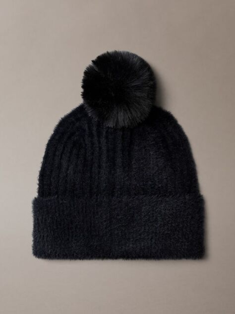 Black Monogram Embroidery Fluffy Pom Pom Beanie  Women