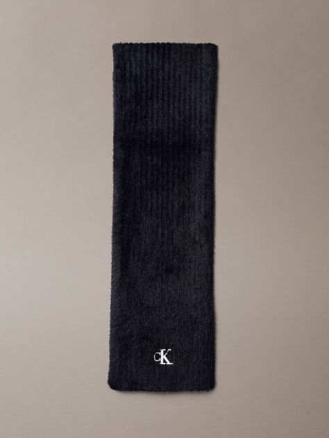 Black Monogram Embroidery Fluffy Ribbed Scarf  Women
