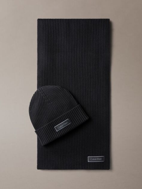 Black Cotton Scarf and Beanie Gift Set  Men