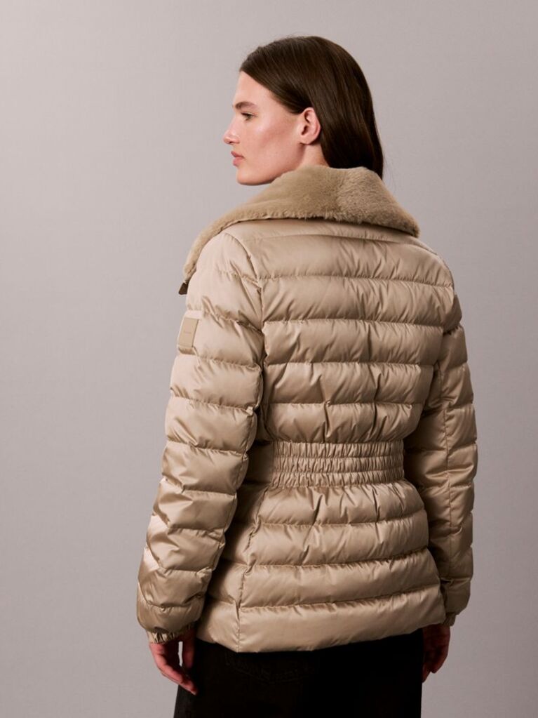 Beige Satin Lightweight Collared Puffer Jacket  Women