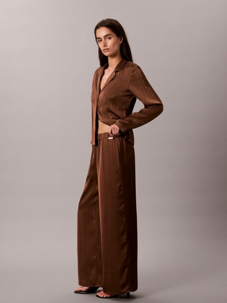 Brown Textured Stripe Wide Leg Pull-On Trousers  Women