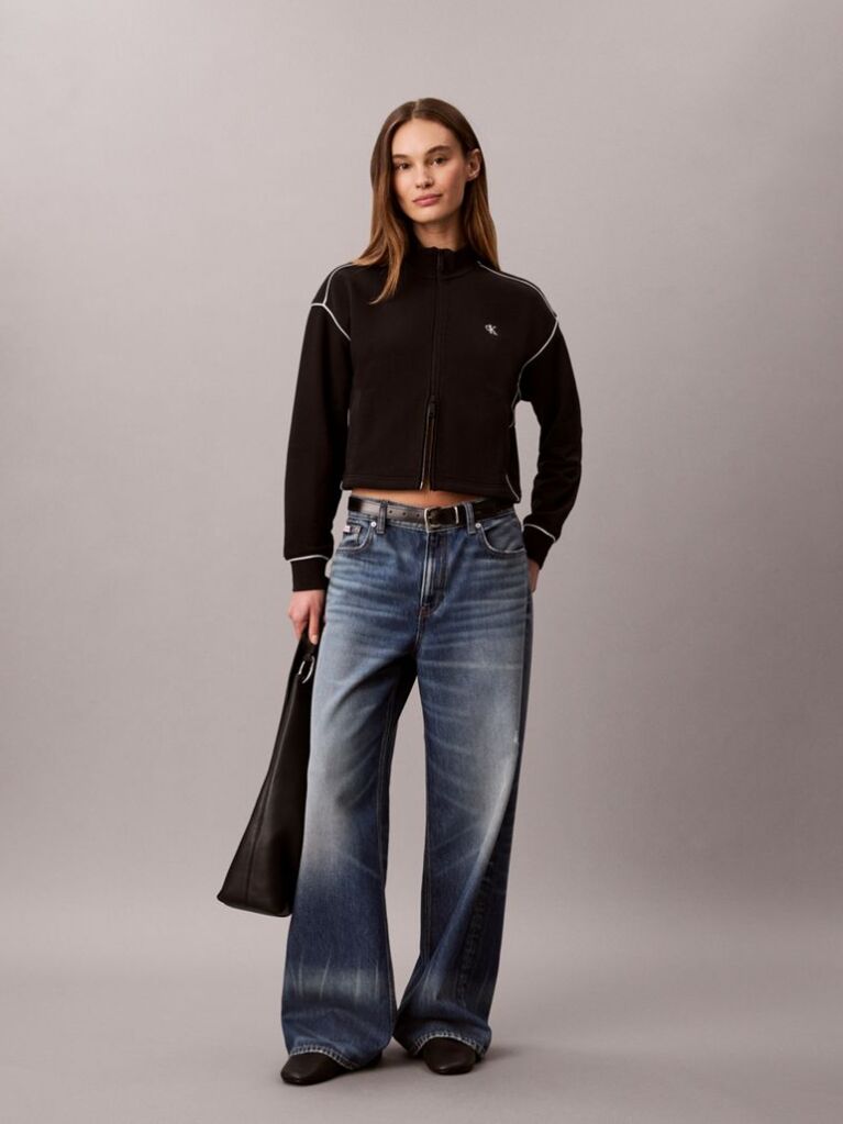 Black Monogram Contrast Piping Balloon Sleeve Sweatshirt  Women