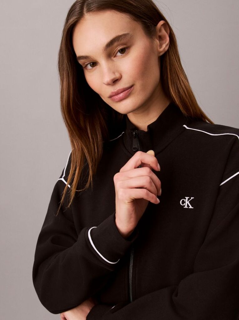 Black Monogram Contrast Piping Balloon Sleeve Sweatshirt  Women