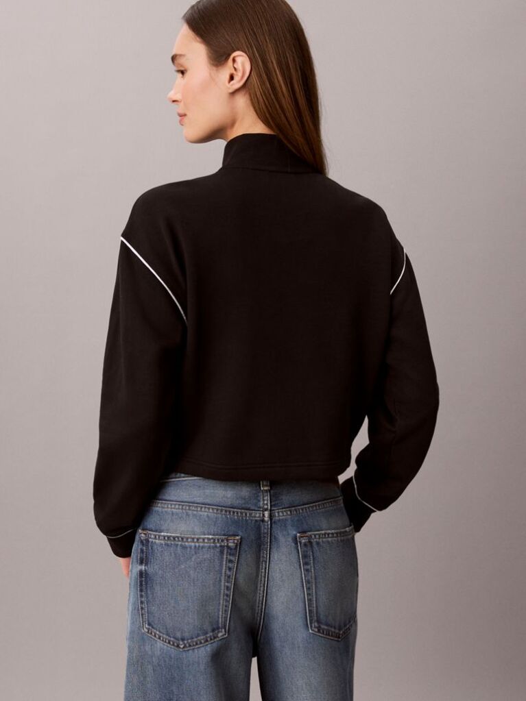 Black Monogram Contrast Piping Balloon Sleeve Sweatshirt  Women