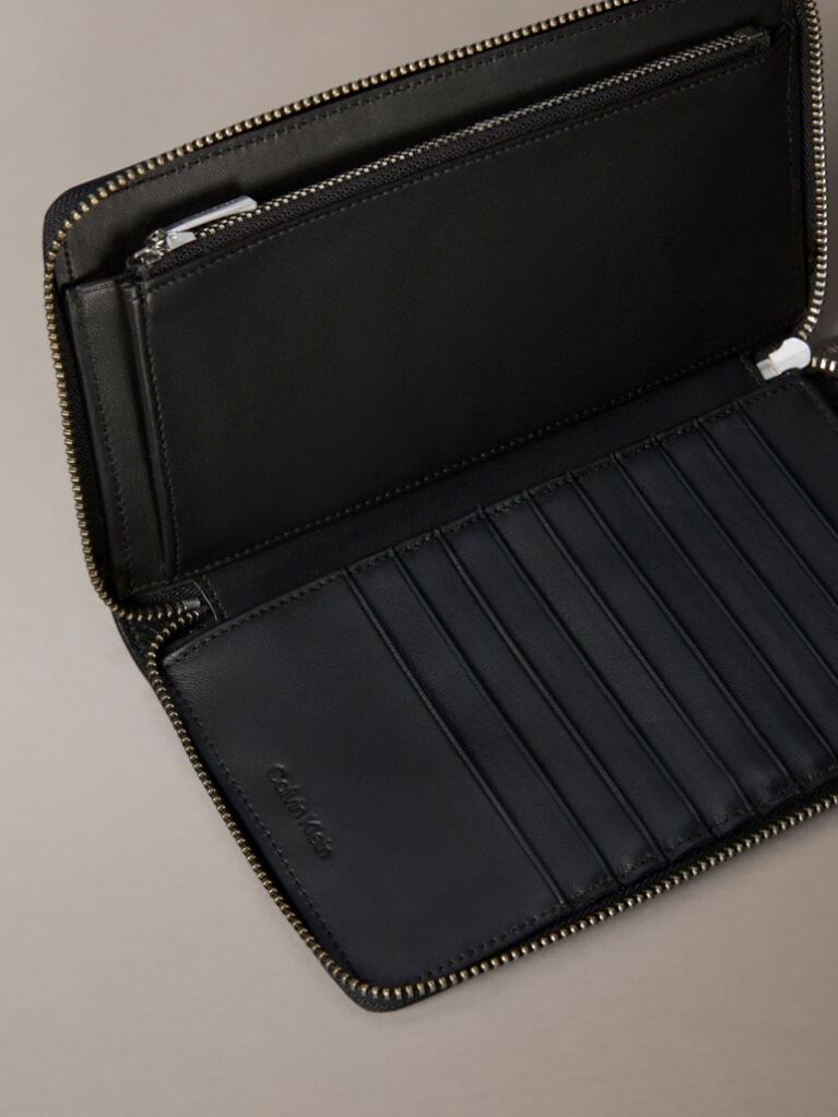 Black Leather Foil Logo Long Wallet  Men