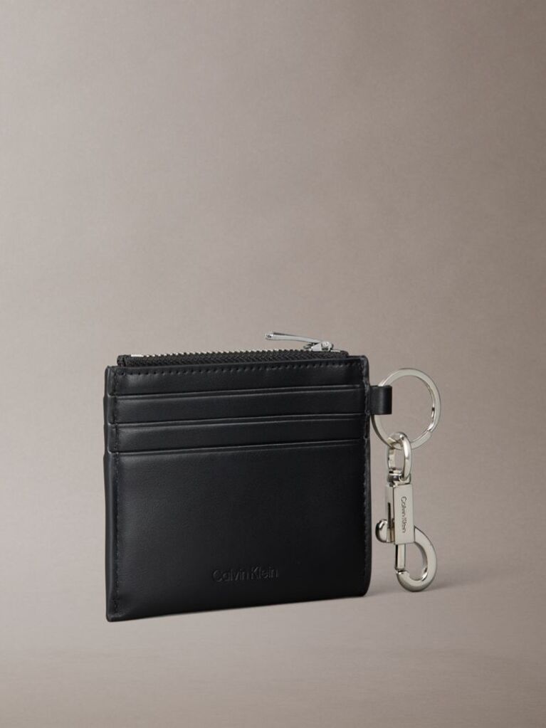 Black Leather Metal Logo Cardholder With Clip  Men