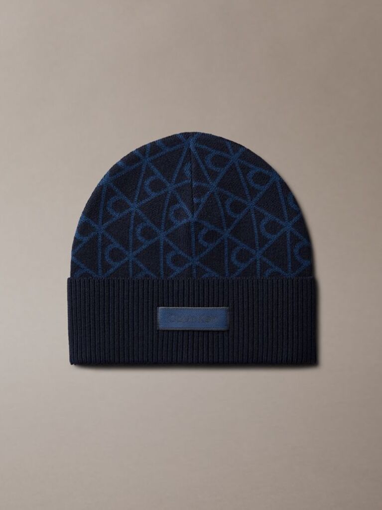 Blue Jacquard Emblem Wool Blend Beanie  Men