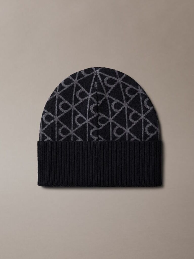 Black Jacquard Emblem Wool Blend Beanie  Men
