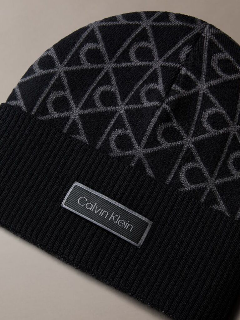 Black Jacquard Emblem Wool Blend Beanie  Men