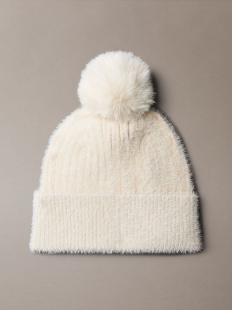 White Monogram Embroidery Fluffy Pom Pom Beanie  Women