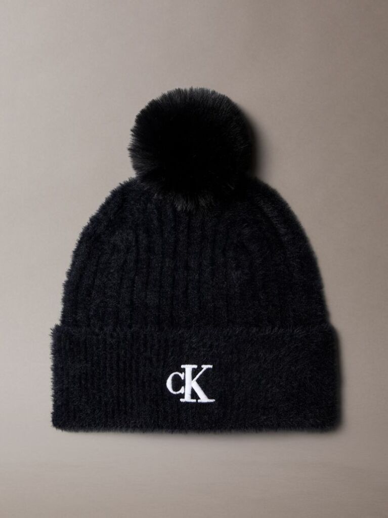 Black Monogram Embroidery Fluffy Pom Pom Beanie  Women