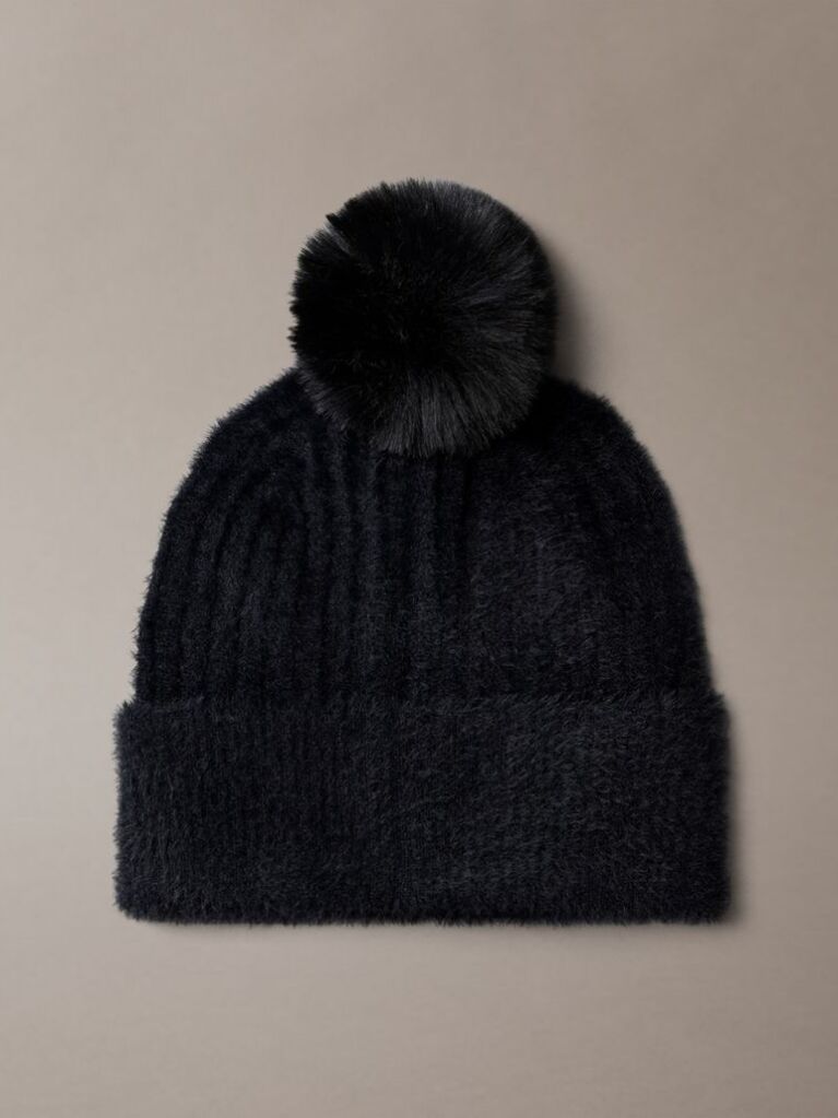 Black Monogram Embroidery Fluffy Pom Pom Beanie  Women