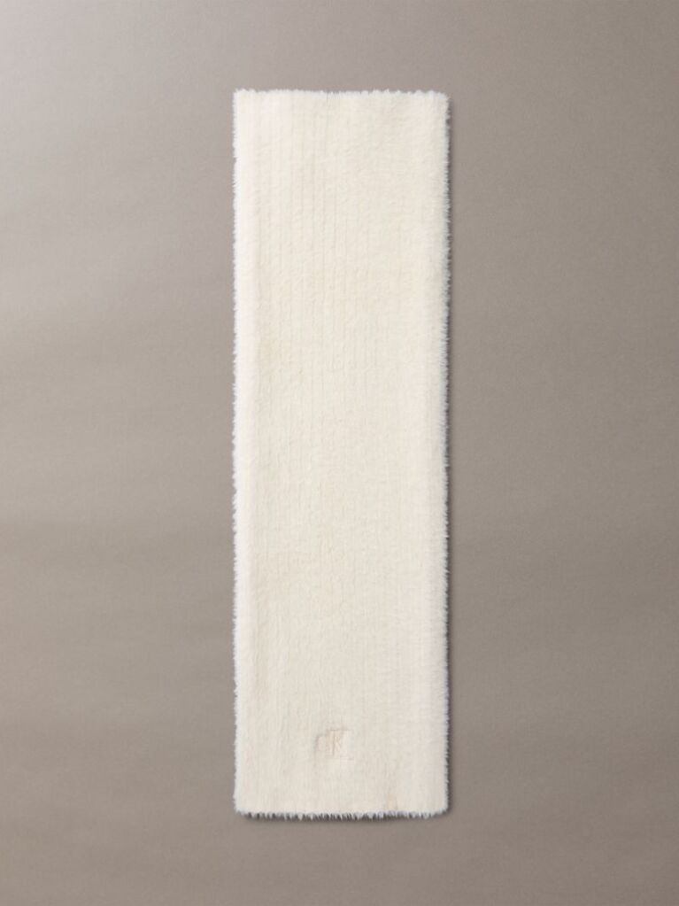White Monogram Embroidery Fluffy Ribbed Scarf  Women