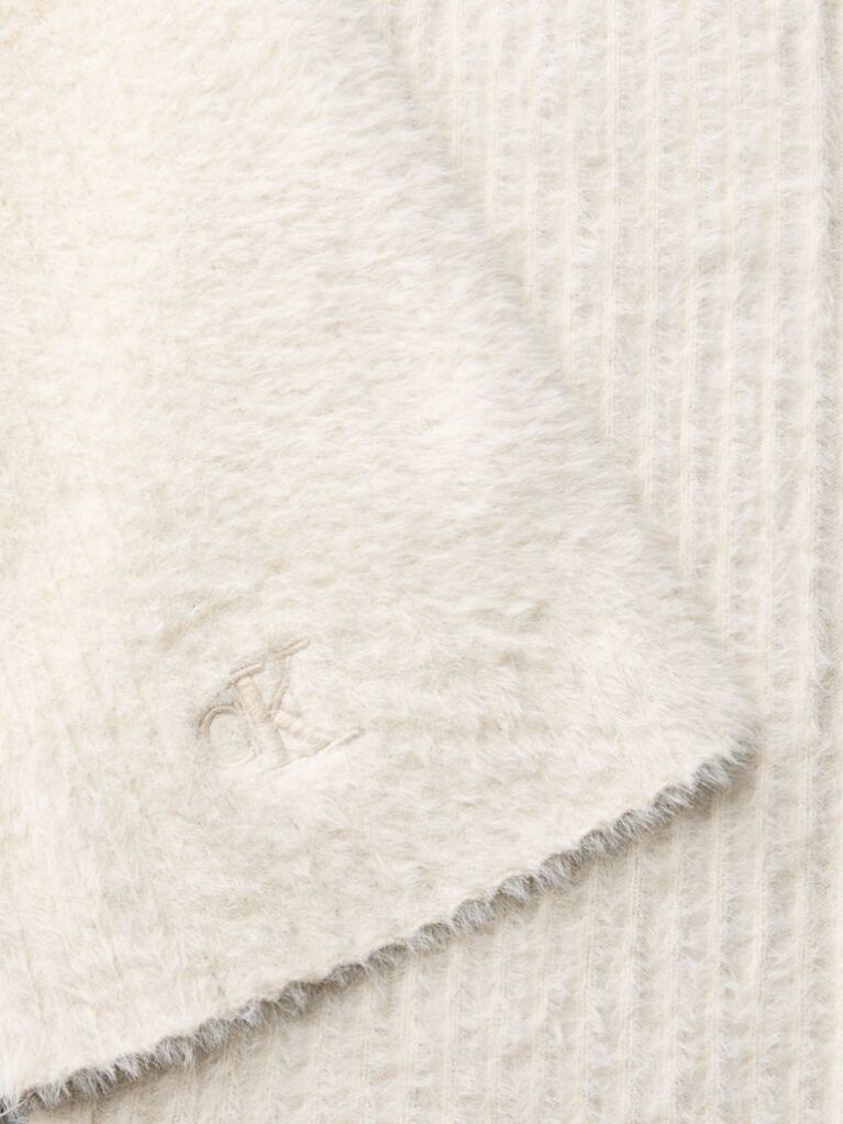 White Monogram Embroidery Fluffy Ribbed Scarf  Women