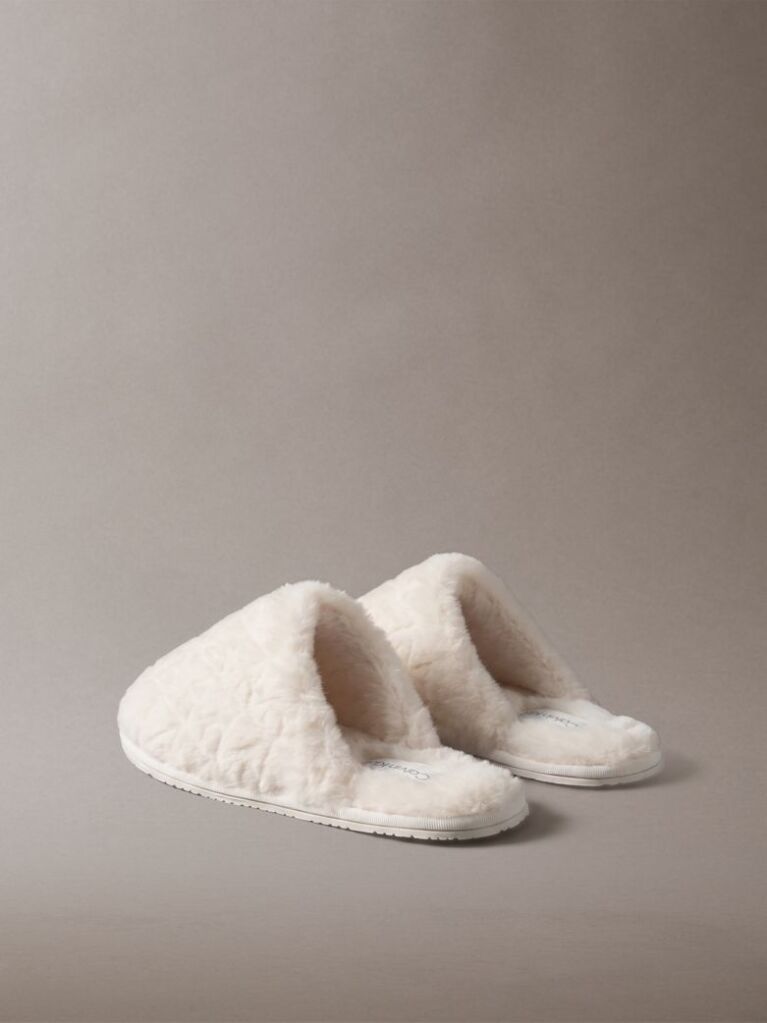 White Faux Fur Logo Slippers  Women