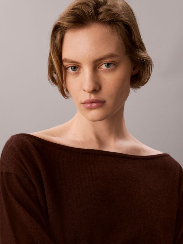 Brown Merino Wool Blend Boat Neck Jumper  Women