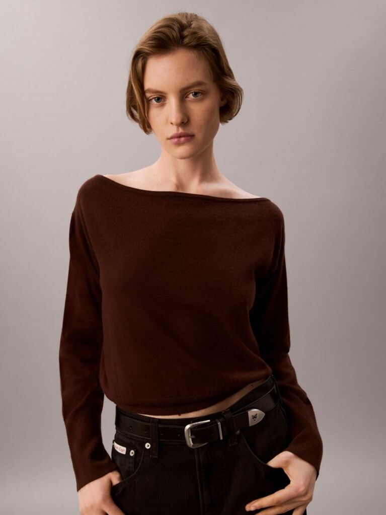 Brown Merino Wool Blend Boat Neck Jumper  Women