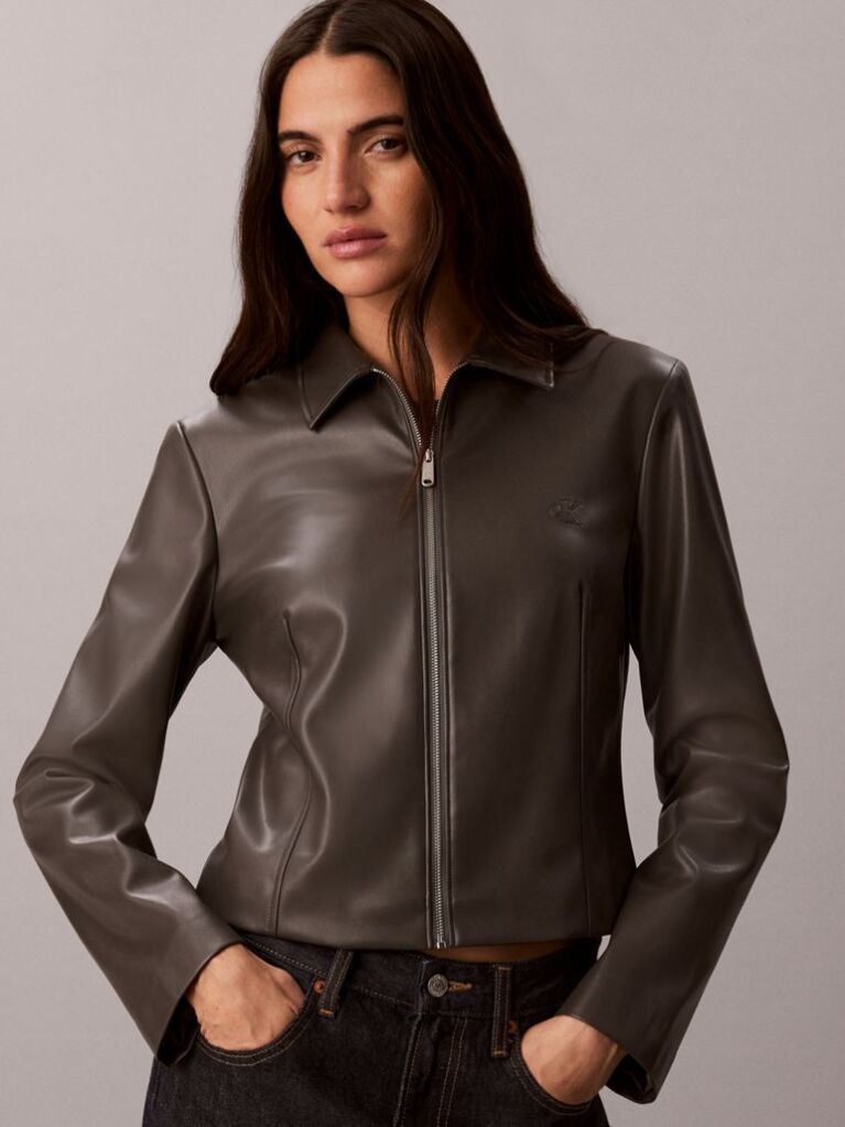 Grey Faux Leather Zip-Up Shirt Jacket  Women