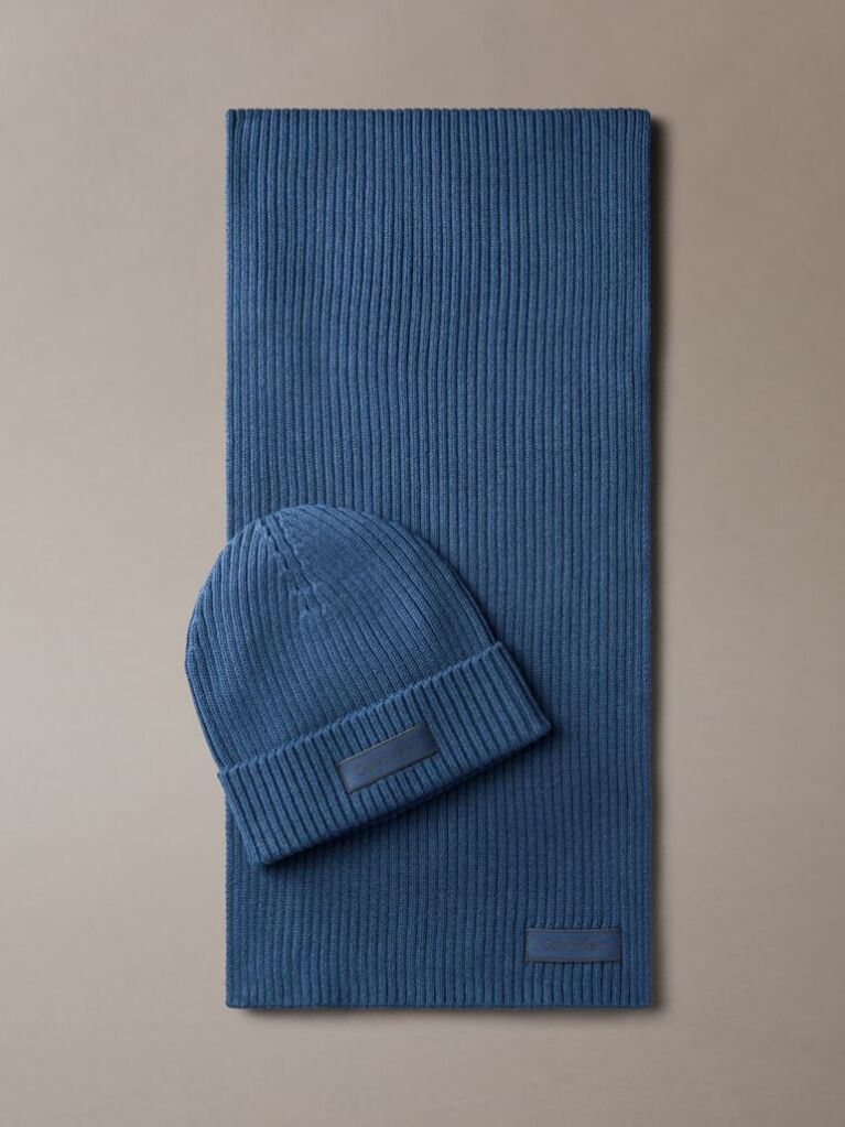 Blue Cotton Scarf and Beanie Gift Set  Men