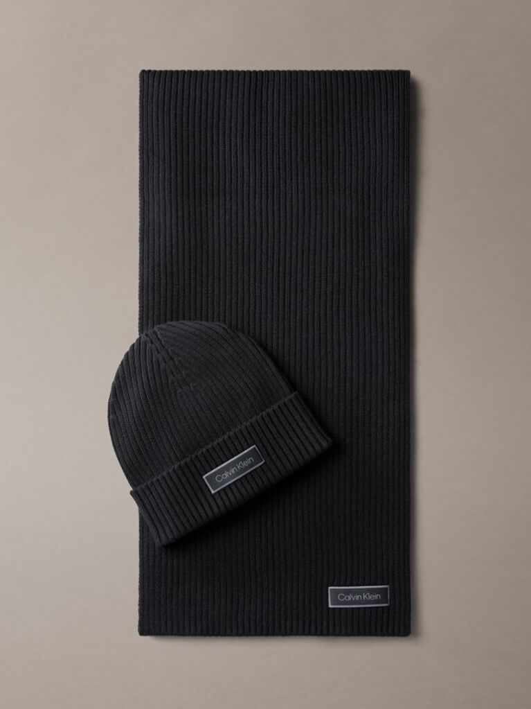 Black Cotton Scarf and Beanie Gift Set  Men