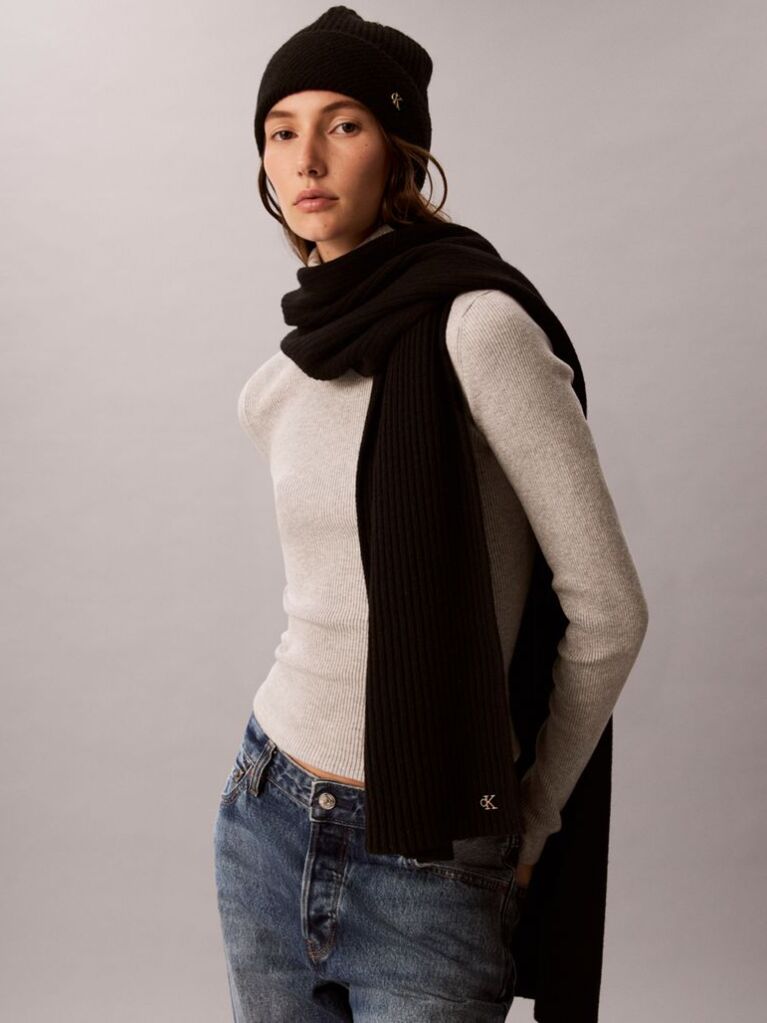 Black Wool Blend Scarf and Beanie Gift Set  Women