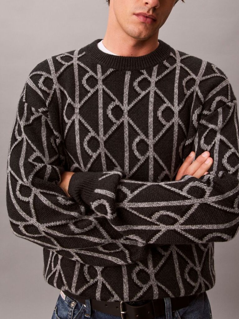 Grey Wool Blend Logo Jacquard Jumper  Men