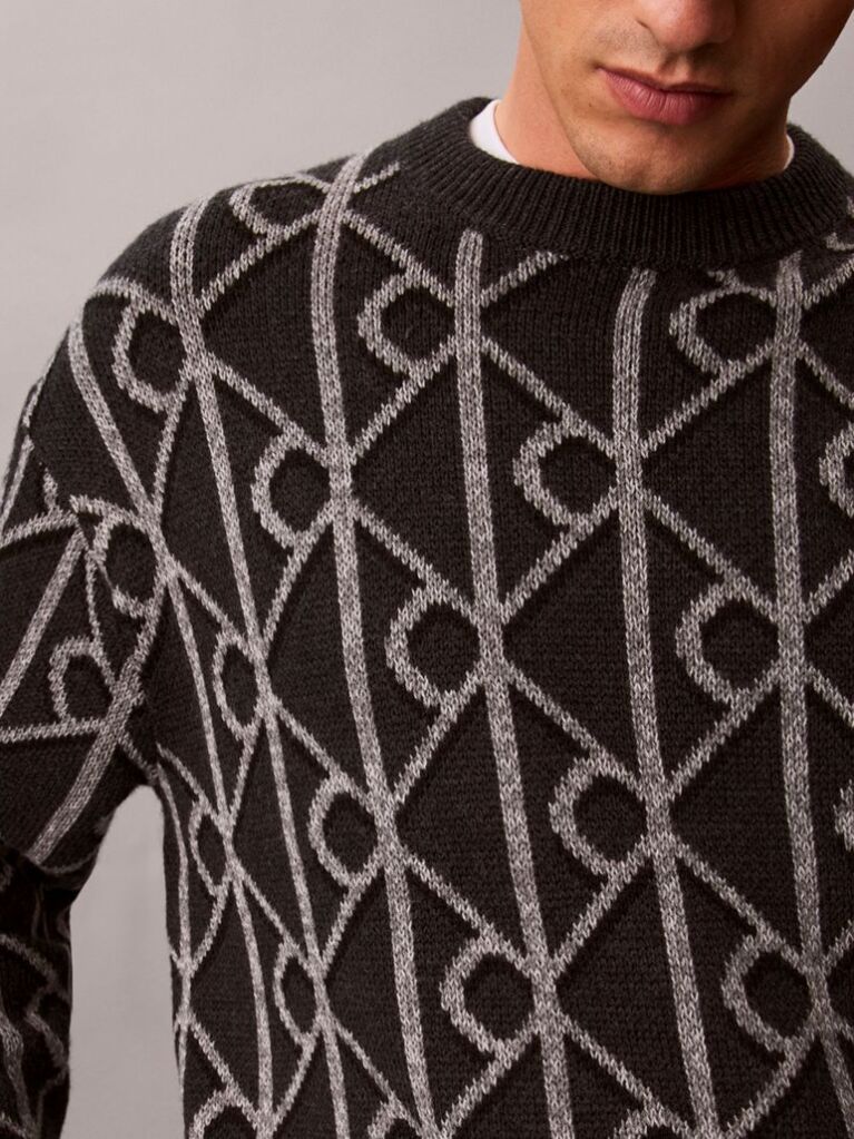 Grey Wool Blend Logo Jacquard Jumper  Men